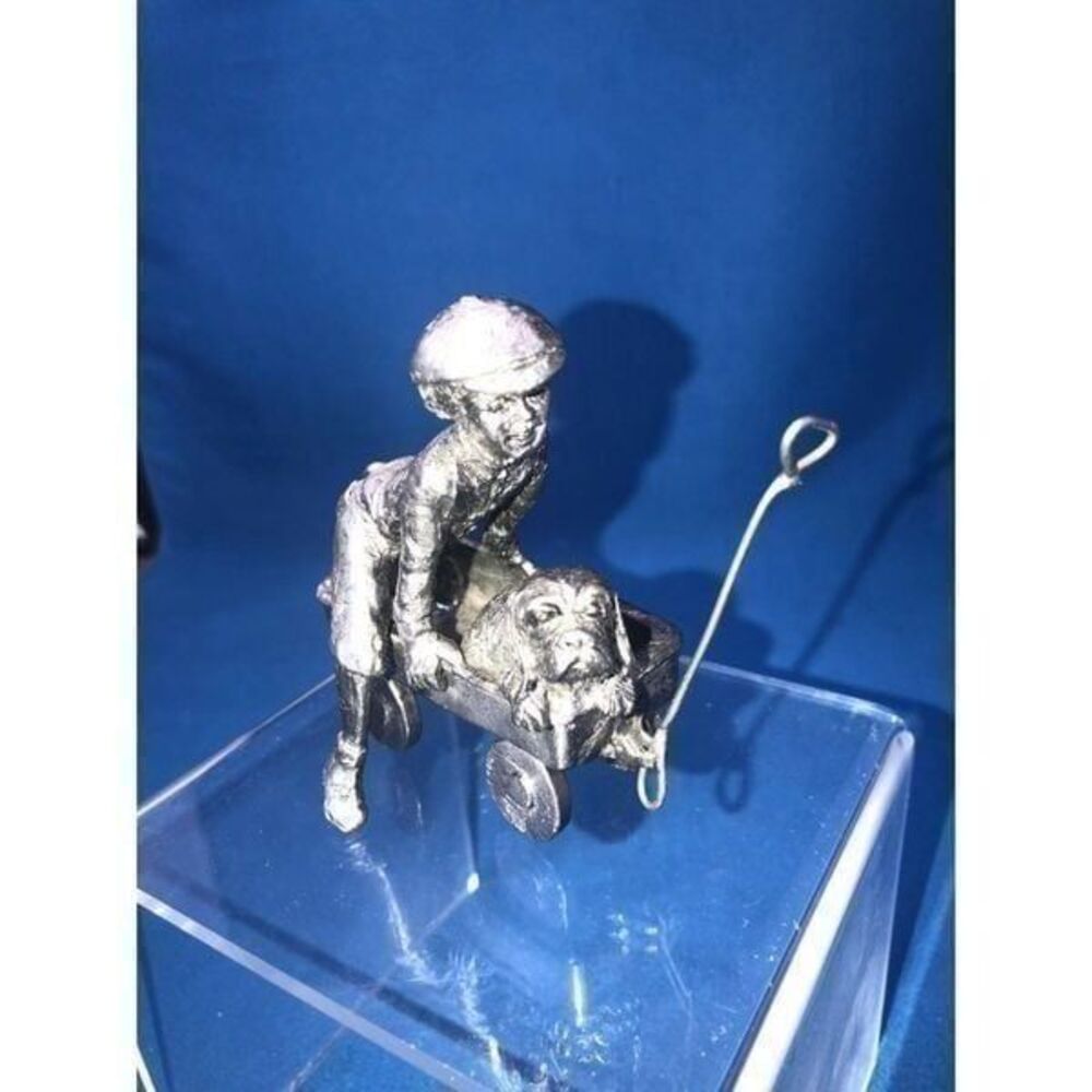 Michael Pewter Ricker Park Boy Dog Toy On Wagon 3”x3”. Intricate detail from1983